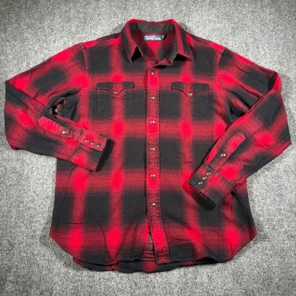 VTG Polo Ralph Lauren Red Black Shadow Plaid Pearl Snap Western Shirt Mens Large